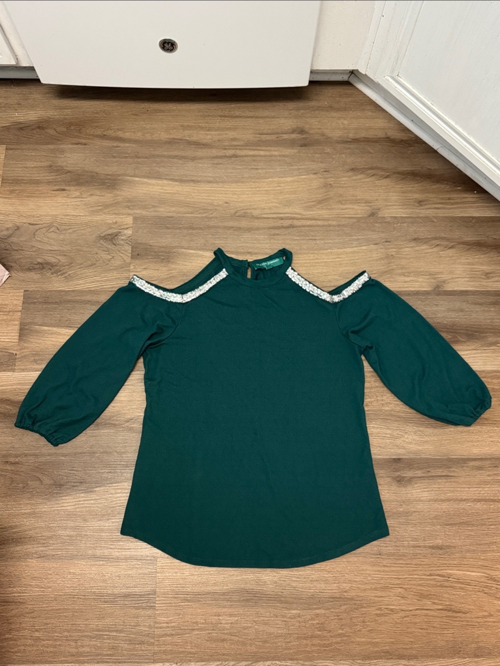 Love for Humanity Couture Sequin Embellished Cold-Shoulder Blouse Teal Green